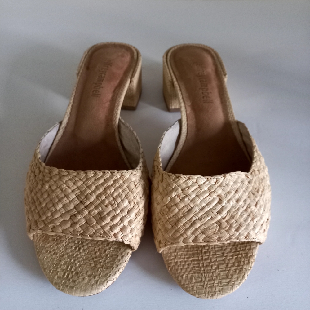 Jeffrey Campbell Melange Raffia Block Heel Sandal tan color size  7.5